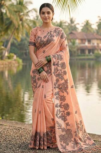 Orange linen cotton print & embroidered work saree with blouse