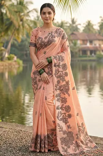 Orange linen cotton print & embroidered work saree with blouse