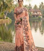 Orange linen cotton print & embroidered work saree with blouse