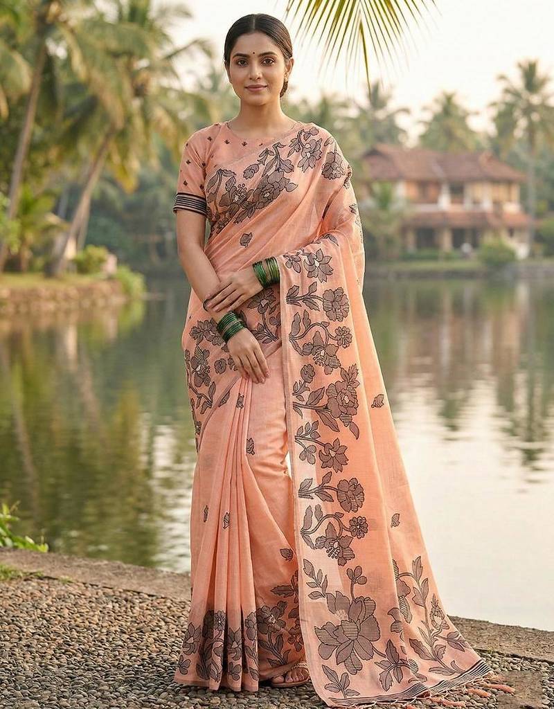 Orange linen cotton print & embroidered work saree with blouse