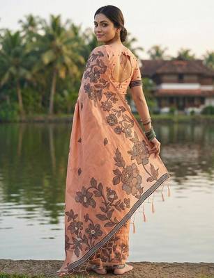 Orange linen cotton print & embroidered work saree with blouse 2