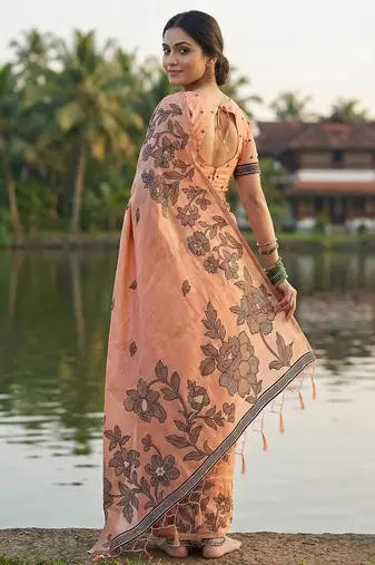 Orange linen cotton print & embroidered work saree with blouse