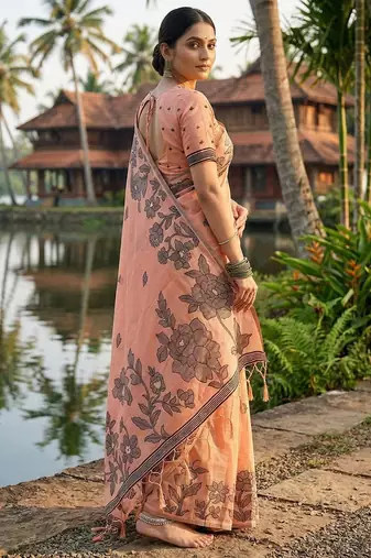 Orange linen cotton print & embroidered work saree with blouse