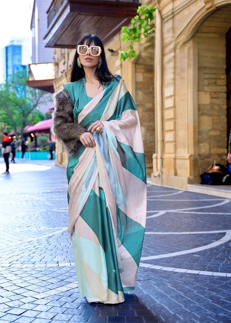 Multi color digital print satin crepe saree 