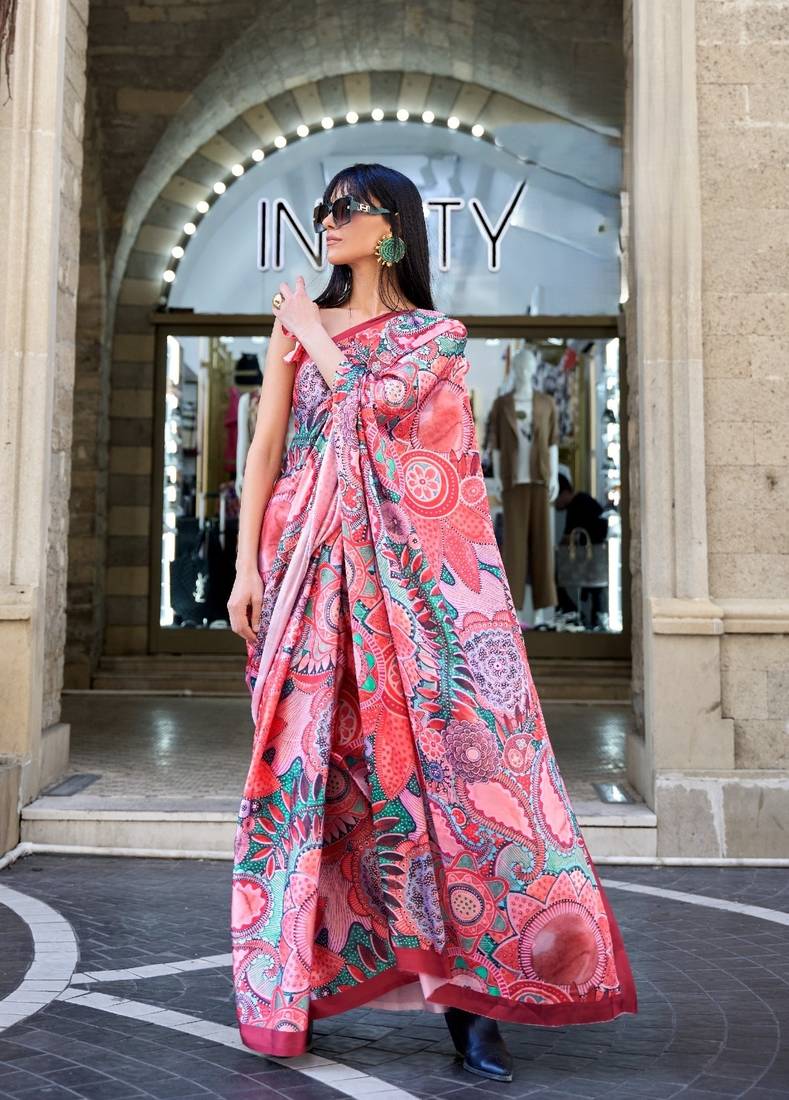 Multi color digital print satin crepe saree 