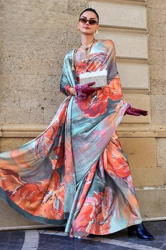 Multi color digital print satin crepe saree | elegant party wear soft satin crepe saree for women