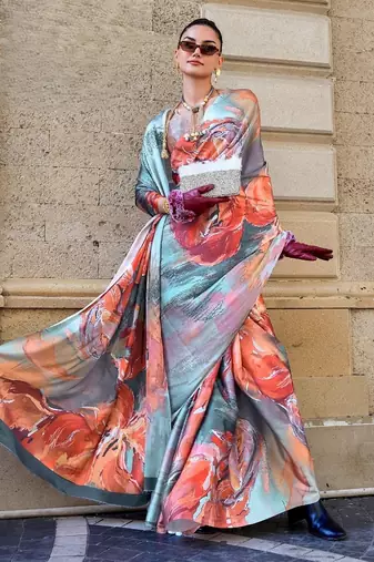 Multi color digital print satin crepe saree | elegant party wear soft satin crepe saree for women