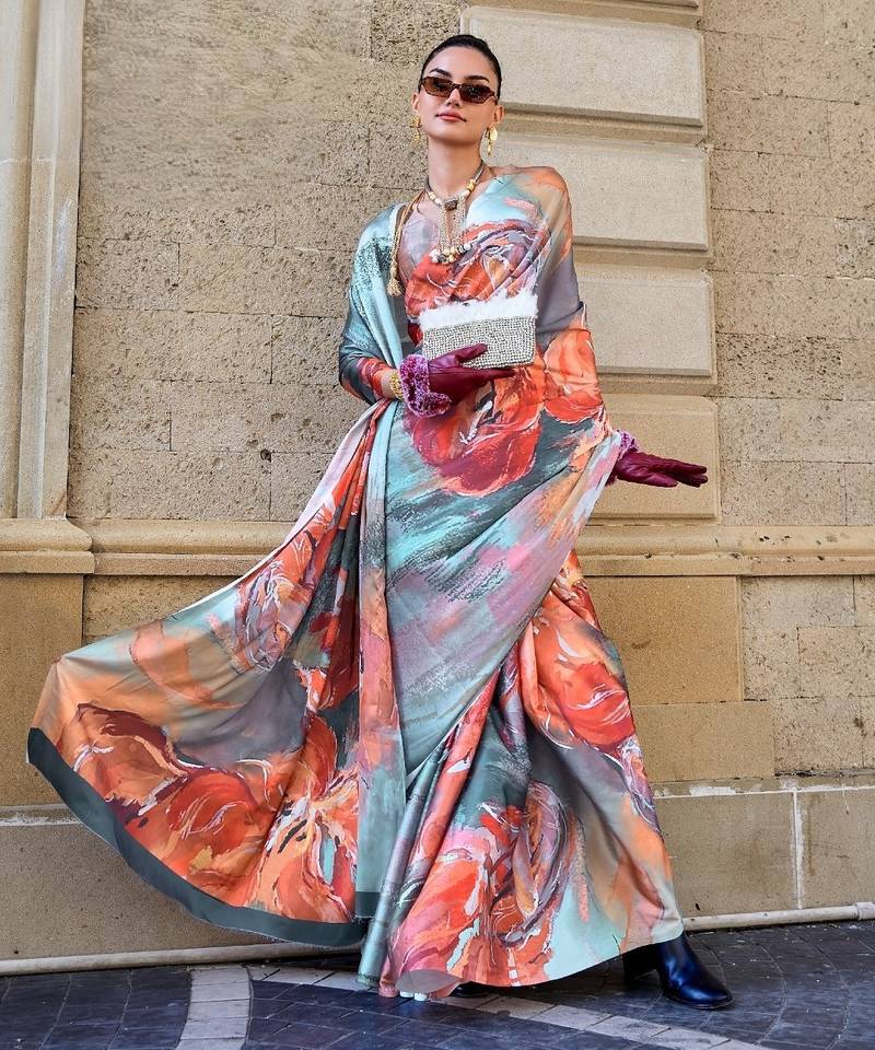 Multi color digital print satin crepe saree 