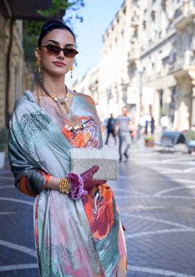 Multi color digital print satin crepe saree | elegant party wear soft satin crepe saree for women 2