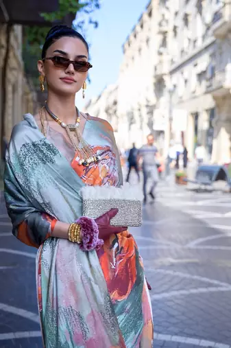 Multi color digital print satin crepe saree | elegant party wear soft satin crepe saree for women