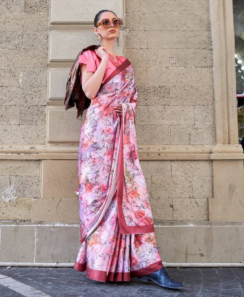 Multi color digital print satin crepe saree 