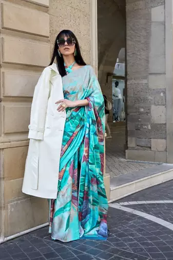 Multi color digital print satin crepe saree | elegant party wear soft satin crepe saree for women