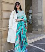 Multi color digital print satin crepe saree | elegant party wear soft satin crepe saree for women