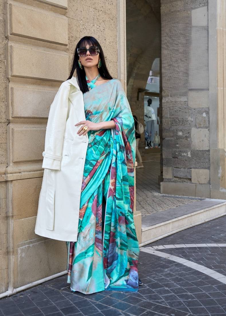 Multi color digital print satin crepe saree 