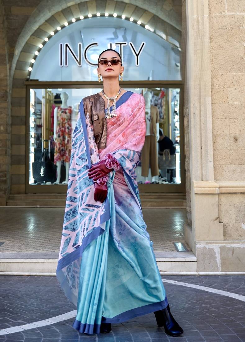 Multi color digital print satin crepe saree 