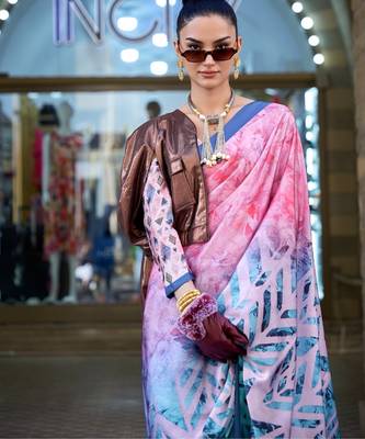 Multi color digital print satin crepe saree | elegant party wear soft satin crepe saree for women 2