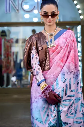 Multi color digital print satin crepe saree | elegant party wear soft satin crepe saree for women