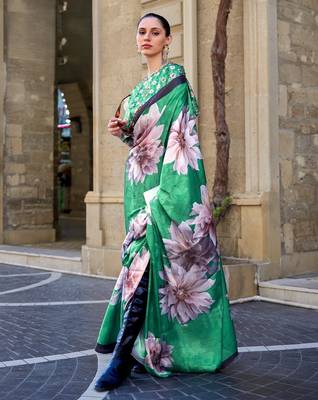 Multi color digital print satin crepe saree | elegant party wear soft satin crepe saree for women 1
