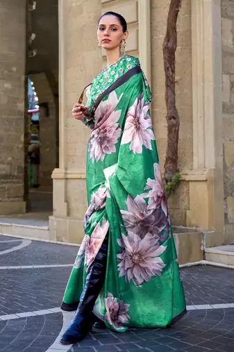 Multi color digital print satin crepe saree | elegant party wear soft satin crepe saree for women