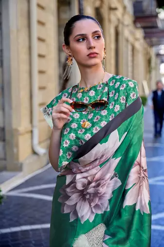 Multi color digital print satin crepe saree | elegant party wear soft satin crepe saree for women