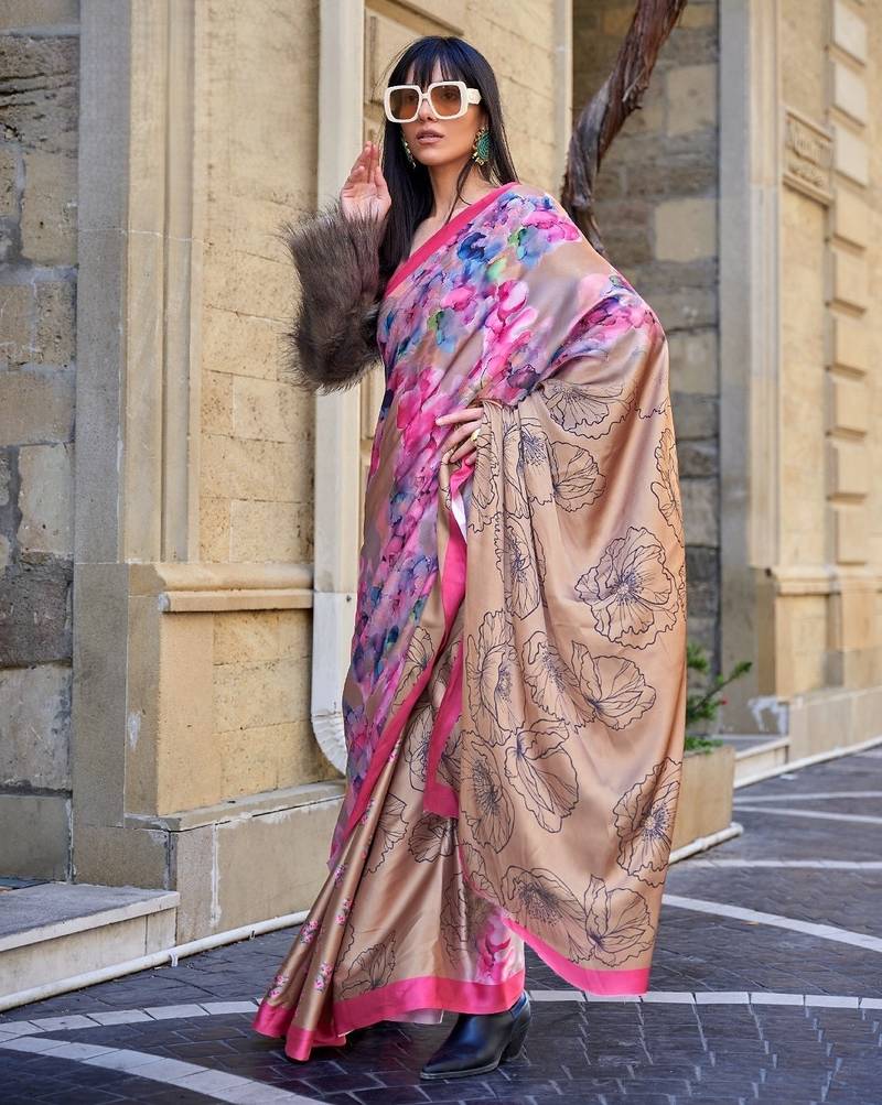 Multi color digital print satin crepe saree 