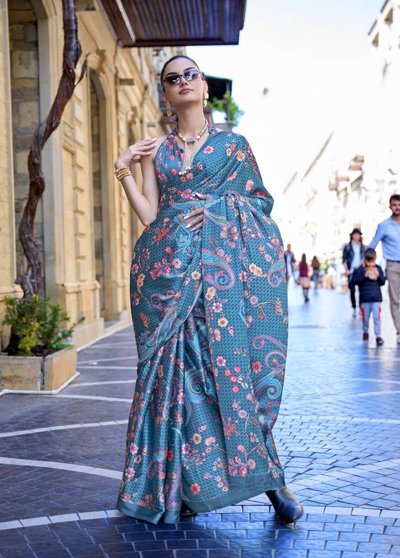 Multi color digital print satin crepe saree 