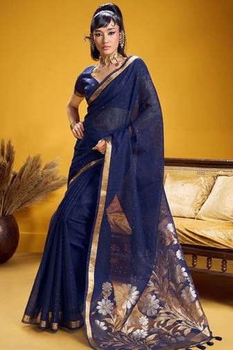 Navy blue color pure munga silk handloom saree with blouse | traditional handwoven munga silk saree for women