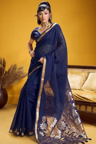 Navy blue color pure munga silk handloom saree with blouse | traditional handwoven munga silk saree for women