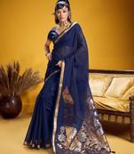 Navy blue color pure munga silk handloom saree with blouse | traditional handwoven munga silk saree for women