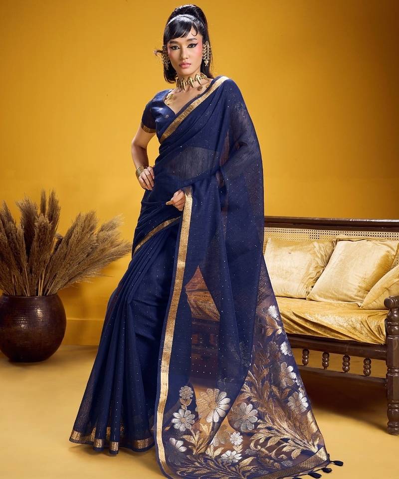 Navy blue color pure munga silk handloom saree with blouse 