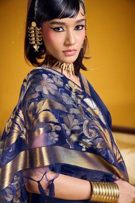 Navy blue color pure munga silk blend saree with blouse | handwoven munga silk blend saree for women 2