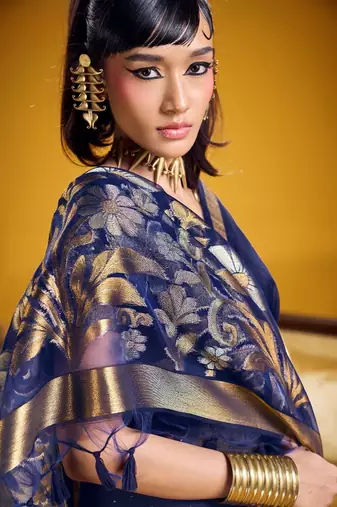 Navy blue color pure munga silk blend saree with blouse | handwoven munga silk blend saree for women