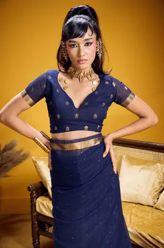 Navy blue color pure munga silk blend saree with blouse | handwoven munga silk blend saree for women