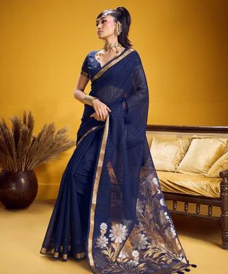 Navy blue color pure munga silk blend saree with blouse | handwoven munga silk blend saree for women 4