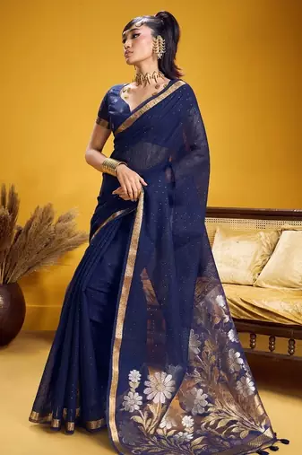 Navy blue color pure munga silk blend saree with blouse | handwoven munga silk blend saree for women