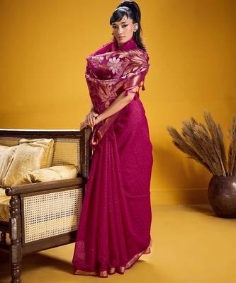 Pink color pure munga silk blend saree with blouse | handwoven munga silk blend saree for women 3