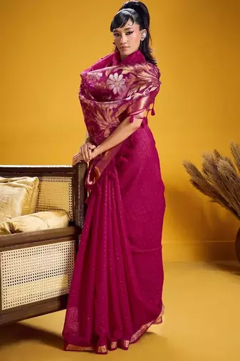 Pink color pure munga silk blend saree with blouse | handwoven munga silk blend saree for women