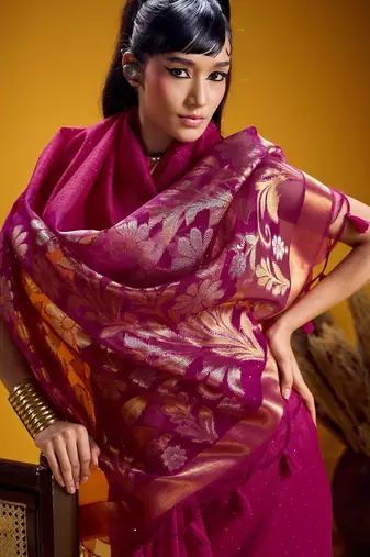 Pink color pure munga silk blend saree with blouse | handwoven munga silk blend saree for women