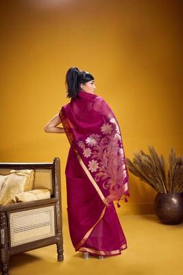 Pink color pure munga silk blend saree with blouse | handwoven munga silk blend saree for women 5