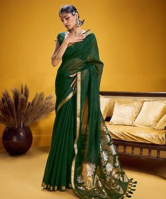 Green color pure munga silk blend saree with blouse | handwoven munga silk blend saree for women 1