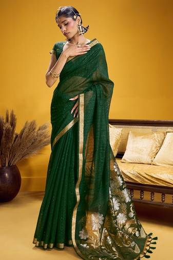Green color pure munga silk handloom saree with blouse | traditional handwoven munga silk saree for women