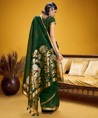 Green color pure munga silk blend saree with blouse | handwoven munga silk blend saree for women 2