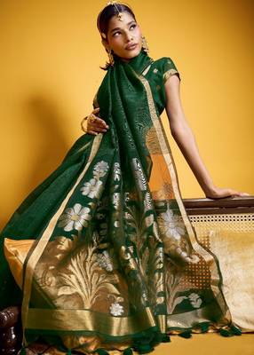 Green color pure munga silk blend saree with blouse | handwoven munga silk blend saree for women 3