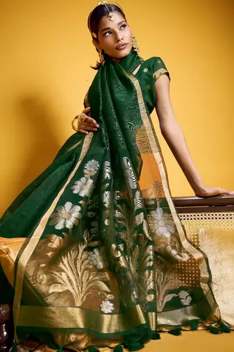 Green color pure munga silk blend saree with blouse | handwoven munga silk blend saree for women