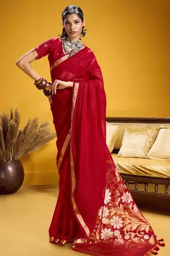 Red color pure munga silk handloom saree with blouse | traditional handwoven munga silk saree for women