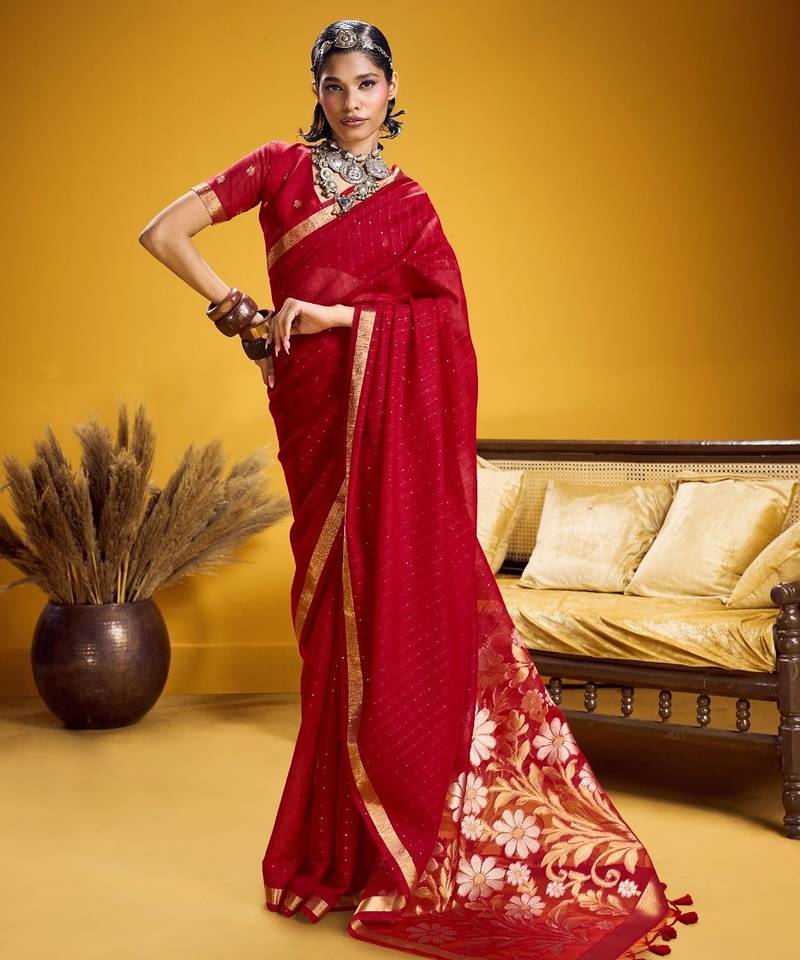 Red color pure munga silk handloom saree with blouse 