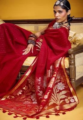 Red color pure munga silk blend saree with blouse | handwoven munga silk blend saree for women 2