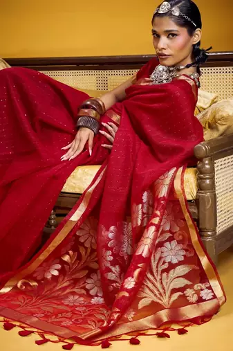Red color pure munga silk blend saree with blouse | handwoven munga silk blend saree for women