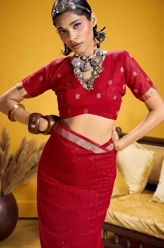 Red color pure munga silk blend saree with blouse | handwoven munga silk blend saree for women