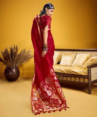 Red color pure munga silk blend saree with blouse | handwoven munga silk blend saree for women 4